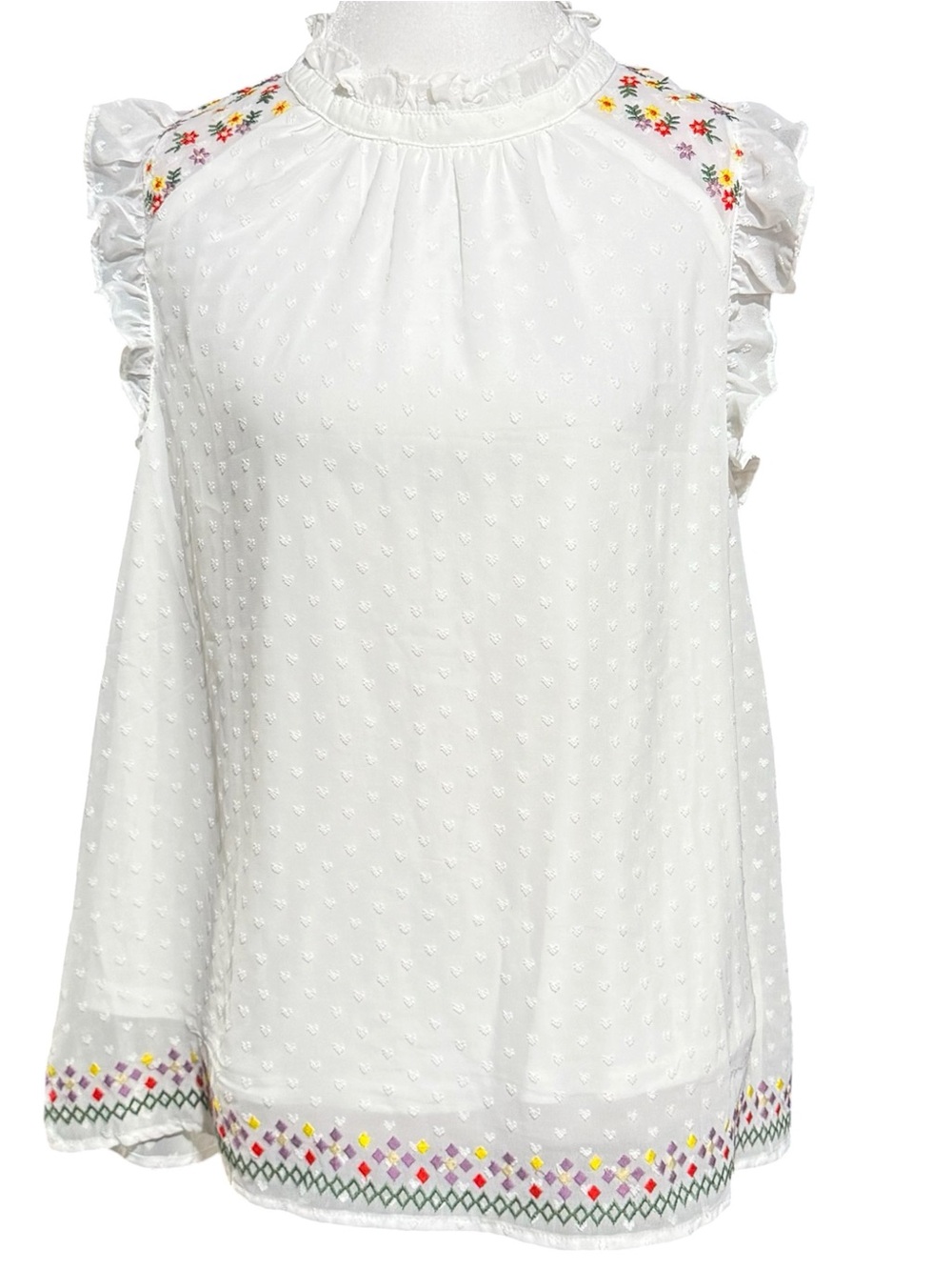 Savanna Jane Embroidered Swiss Dot Ruffle Blouse - Cottagecore Ivory Small